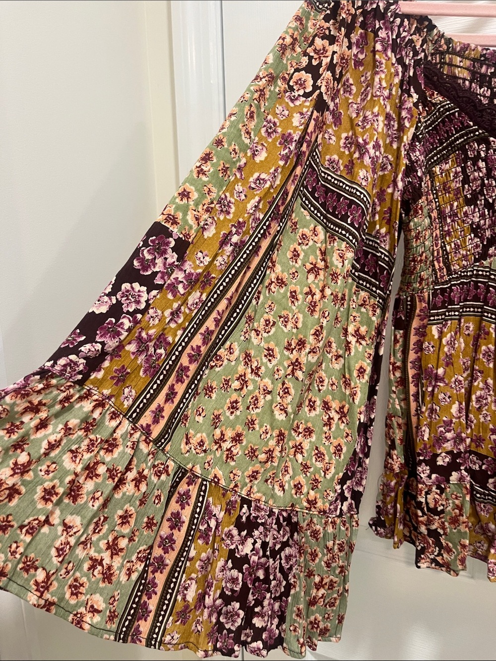 Angie Multicolor Floral Patchwork Peasant Tunic - Mustard, Green, Burgundy - Picture 3 of 4